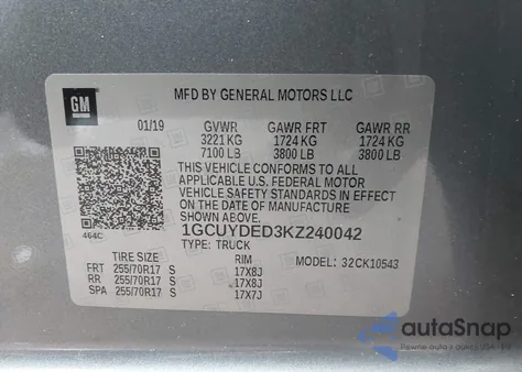 2019 Chevrolet Silverado 1500 Lt z USA, uszkodzony, nr VIN 1GCUYDED3KZ240042